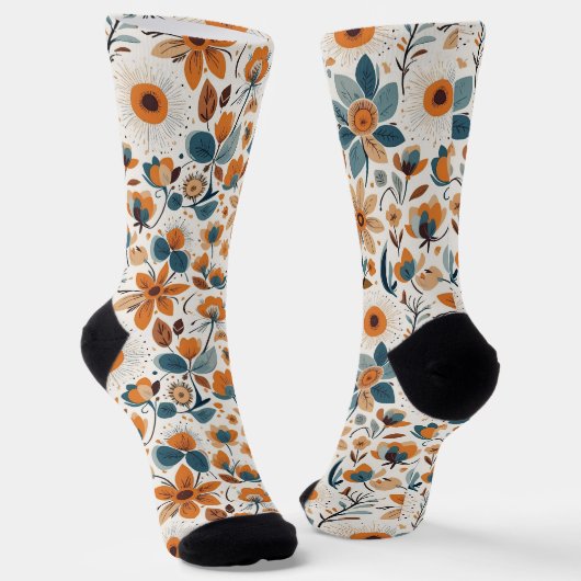 Boho Folk Art Wilde Bloemenweide Roest Teal Bloemm Sokken (Gebogen)