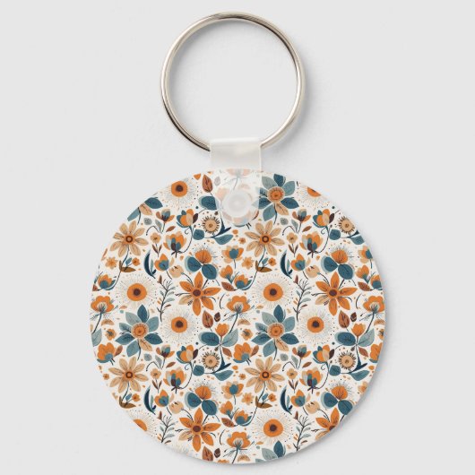 Boho Folk Art Wildflower Meadow Rust Teal Floral Sleutelhanger (Voorkant)