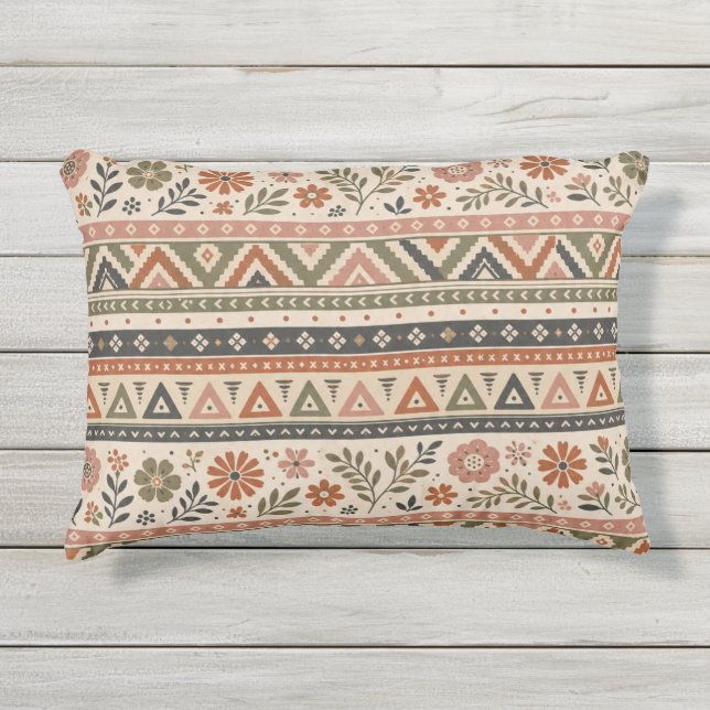 Boho Folk Bloem Geometrisch Naadloos Patroon Buitenkussen (Voorkant)