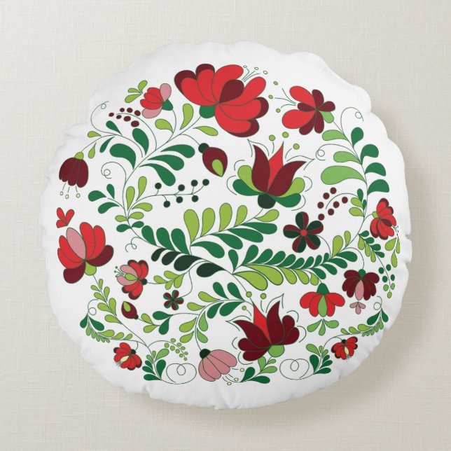 Boho Folk Bloem Matyo Rond Kussen (Voorkant)