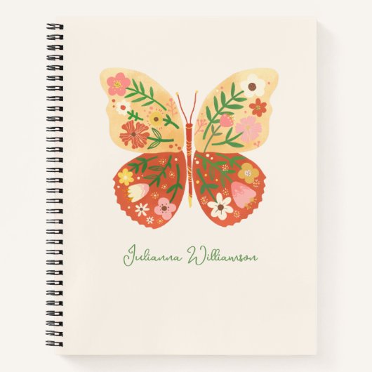 Boho Folk Bloem Vlinder Gepersonaliseerde Naam Notitieboek (Voorkant)