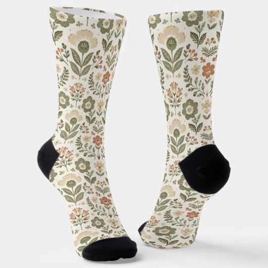 Boho Folk Bloemen Aardse Kleuren Sokken (Gebogen)