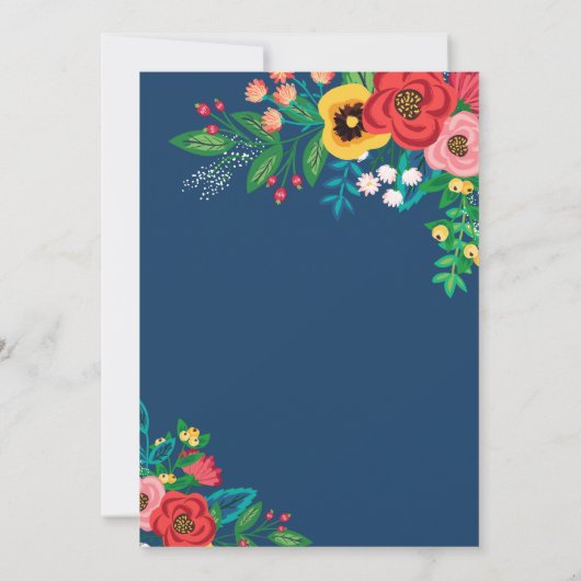 Boho Folk Boeket - Deep Blue & Red Bruiloft Kaart (Achterkant)