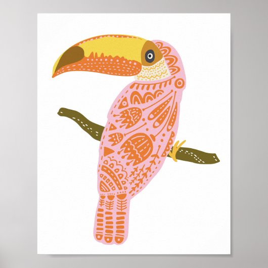 Boho Folk Floral Toucan Illustratie in Roze Poster (Voorkant)