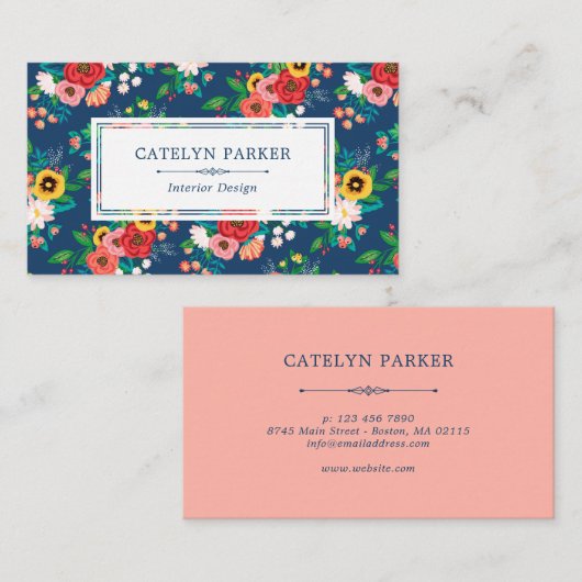 Boho Folk Flower Pattern - Deep Blue & Coral Visitekaartje (Voorkant / Achterkant)