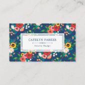 Boho Folk Flower Pattern - Deep Blue & Coral Visitekaartje (Voorkant)