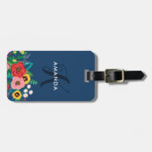 Boho Folk Flowers - Deep Blue Monogram Bagagelabel (Voorkant horizontaal)