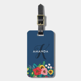 Boho Folk Flowers - Deep Blue Monogram Bagagelabel