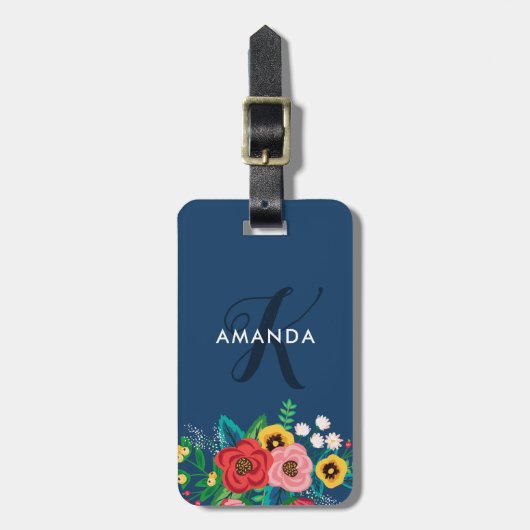Boho Folk Flowers - Deep Blue Monogram Bagagelabel (Voorkant verticaal)
