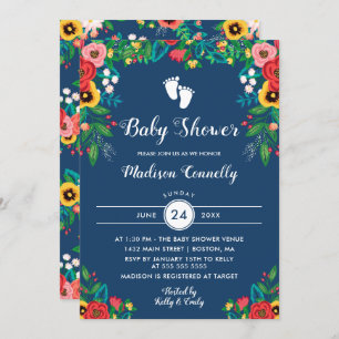 Boho Folk Flowers Footprint Baby shower Kaart