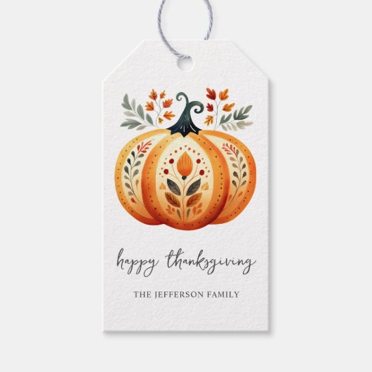 Boho Folk Pumpkin Thanksgiving Cadeaulabel (Voorkant)