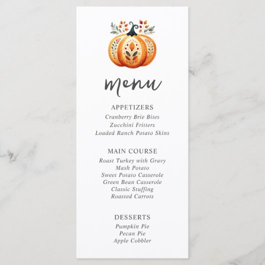 Boho Folk Pumpkin Thanksgiving Dinner Menu (Voorkant)