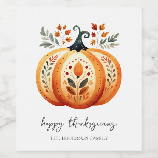 Boho Folk Pumpkin Thanksgiving Wijn Etiket (Enkel label)