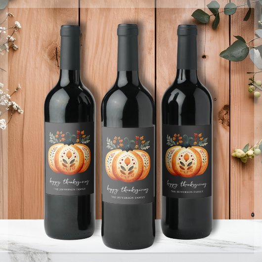 Boho Folk Pumpkin Thanksgiving Wijn Etiket