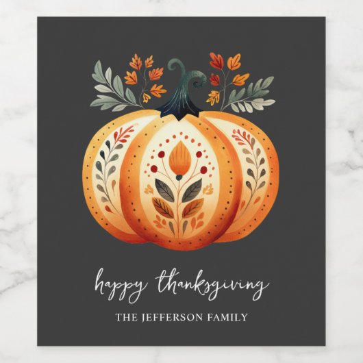 Boho Folk Pumpkin Thanksgiving Wijn Etiket (Enkel label)