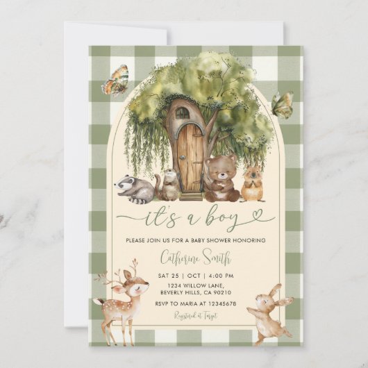 Boho forest wild animals baby shower Green Gingham Kaart (Voorkant)
