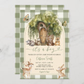 Boho forest wild animals baby shower Green Gingham Kaart (Voorkant / Achterkant)