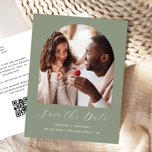 Boho-foto-boog Sage Green QR-code Save the Date Briefkaart