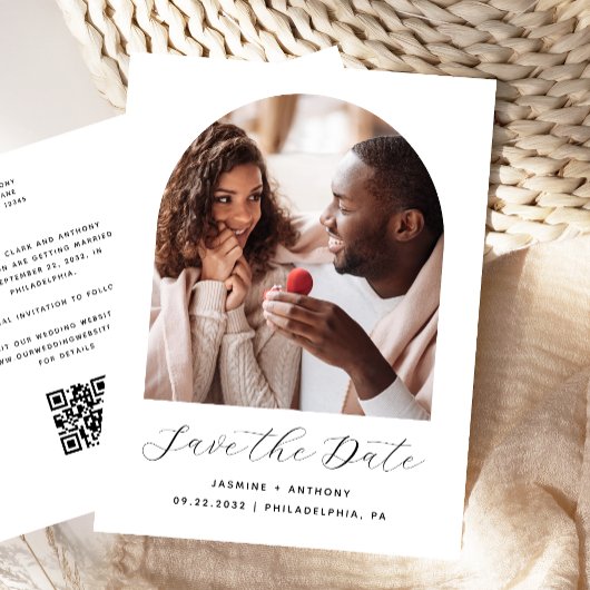 Boho Foto Boog Zwart Wit QR Code Save the Date Briefkaart