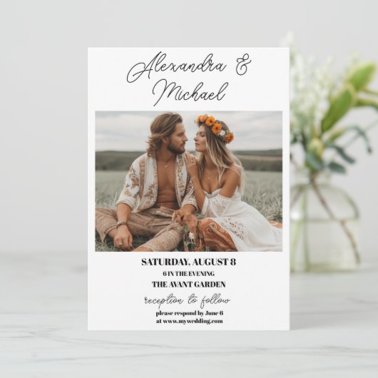 Boho foto bruiloft modern minimalistisch kaart (Staand voorkant)