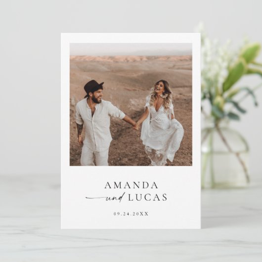 Boho foto bruiloft uitnodigen | Duits minimalistis Kaart (Staand voorkant)