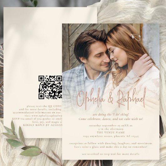 Boho foto overlay QR terracotta crème bruiloft Kaart