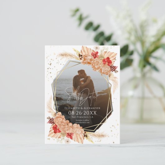 Boho Foto | Terracotta Bruiloft Save The Date Briefkaart (Staand voorkant)