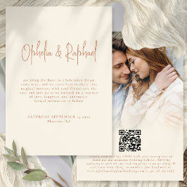 Boho fotoscript QR bruiloft terracotta crème Save The Date