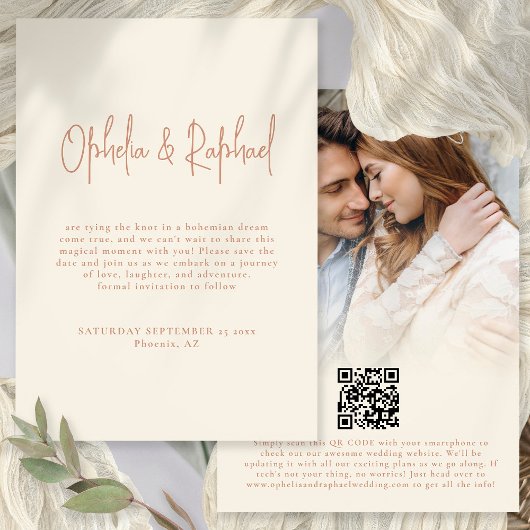 Boho fotoscript QR bruiloft terracotta crème Save The Date