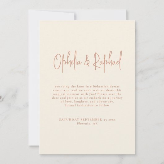 Boho fotoscript QR bruiloft terracotta crème Save The Date (Voorkant)