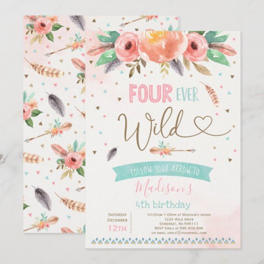 Boho Four Ever Wild Birthday Invitation Waterverf Kaart (Voorkant / Achterkant)