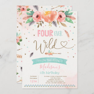 Boho Four Ever Wild Birthday Invitation Waterverf Kaart
