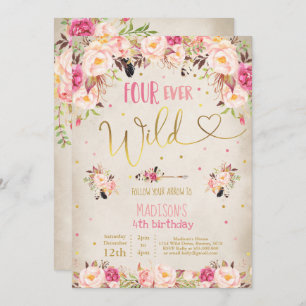 Boho Four Ever Wild Birthday Invitation Waterverf Kaart