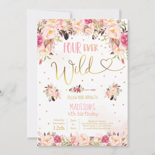 Boho Four Ever Wild Birthday Invitation Waterverf Kaart (Voorkant)