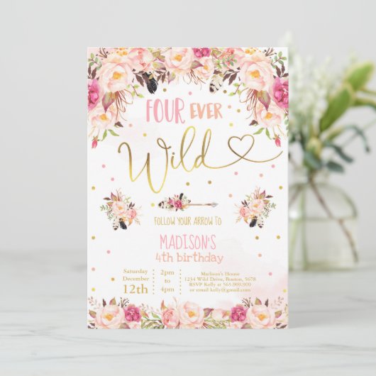Boho Four Ever Wild Birthday Invitation Waterverf Kaart (Staand voorkant)