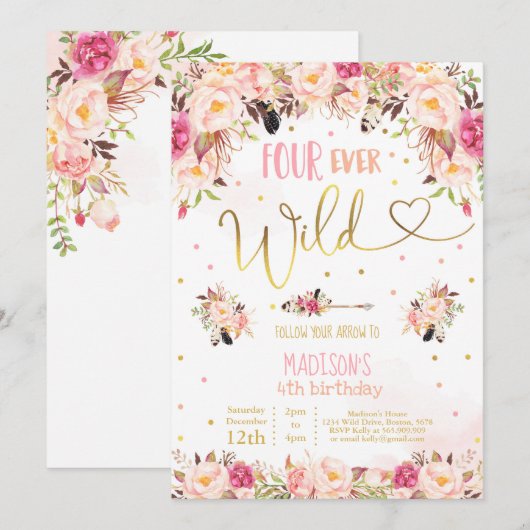 Boho Four Ever Wild Birthday Invitation Waterverf Kaart (Voorkant / Achterkant)