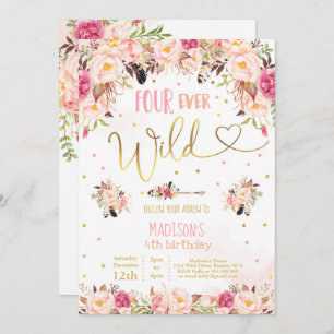 Boho Four Ever Wild Birthday Invitation Waterverf Kaart