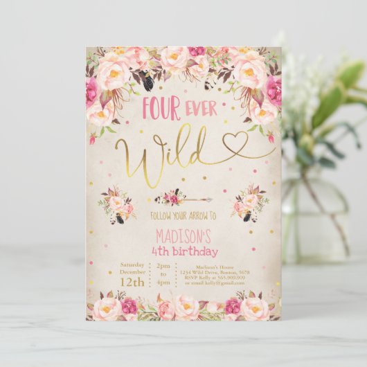 Boho Four Ever Wild Verjaardagsuitnodiging Aquarel Kaart (Staand voorkant)