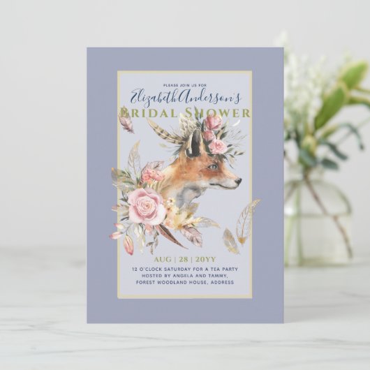Boho FOX Bruiloft Woodland Veren Bloemen Kaart (Staand voorkant)