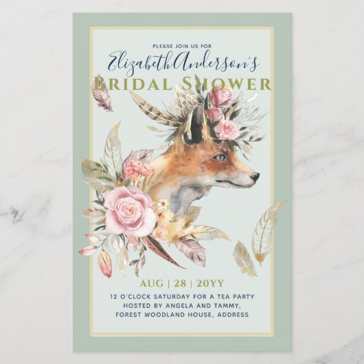 Boho FOX Bruiloftsfeest Woodland Veren Bloemen Flyer (Voorkant)