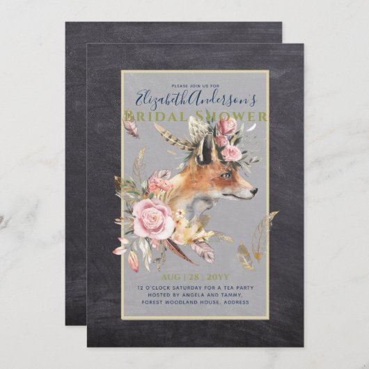 Boho FOX Bruiloftsfeest Woodland Veren Bloemen Kaart (Voorkant / Achterkant)