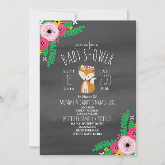Boho Fox Dark Grey Waterverf Baby shower Invite Kaart (Voorkant)