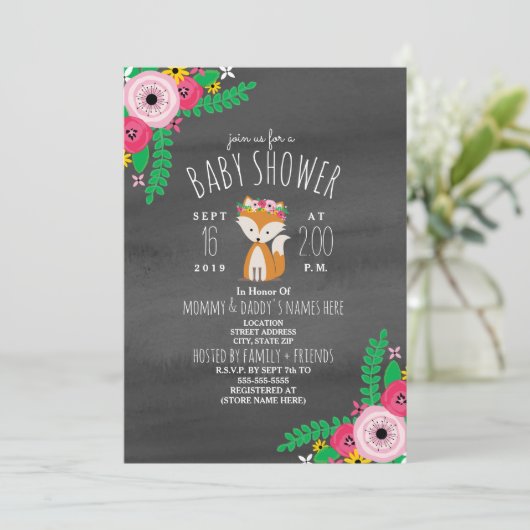 Boho Fox Dark Grey Waterverf Baby shower Invite Kaart (Staand voorkant)