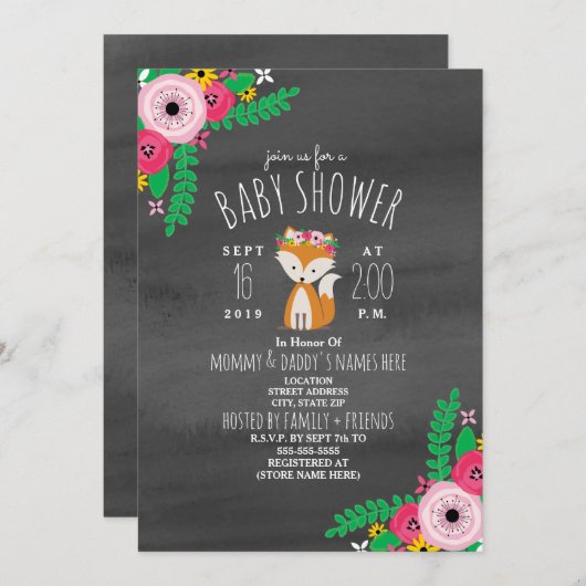 Boho Fox Dark Grey Waterverf Baby shower Invite Kaart (Voorkant / Achterkant)