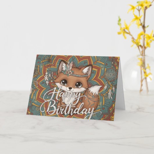 Boho Fox Happy Birthday Card  Kaart (Gele Bloem)