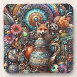 Boho Fox Raccoon Floral Design Bier Onderzetter