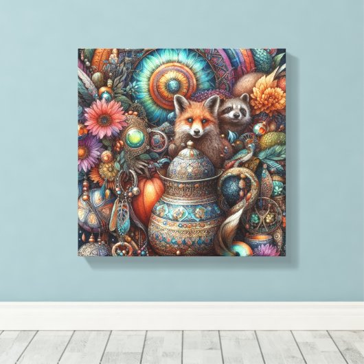 Boho Fox Raccoon Floral Design Canvas Afdruk (Insitu (Houten vloer))