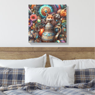 Boho Fox Raccoon Floral Design Canvas Afdruk