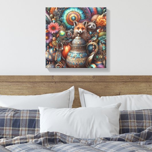 Boho Fox Raccoon Floral Design Canvas Afdruk (Insitu (Slaapkamer))