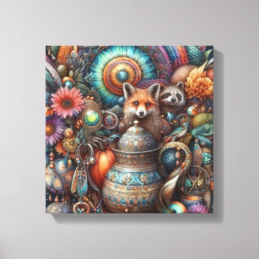 Boho Fox Raccoon Floral Design Canvas Afdruk (Voorkant)